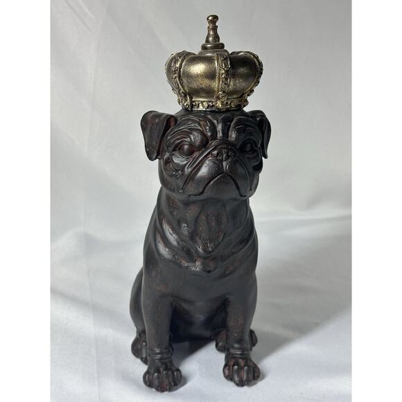 The King of Pet Statue Pug Dog with Golden Crown Bronze Looking 11.5” Bull Dog - Picture 1 of 6